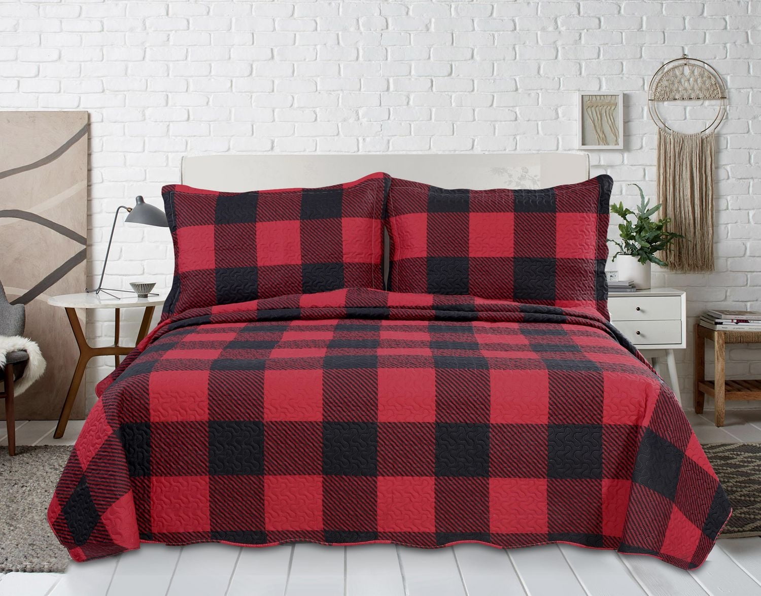Marina Decoration Rich Printed Embossed Pinsonic Coverlet Bedspread Ultra Soft Bedding Summer Quilt Set with Shams, Red Black Plaid Pattern