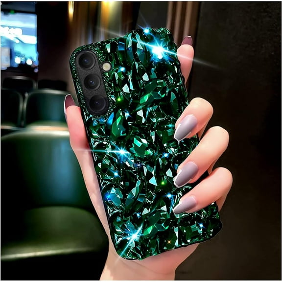 for Samsung Galaxy S24 Plus Case for Women Girl，Shiny Luxury Bling Phone Case with 3D Glitter Sparkle Crystal Rhinestone Diamond Gems，Gloss Acrylic Back and Soft TPU Bumper Cover（Green）