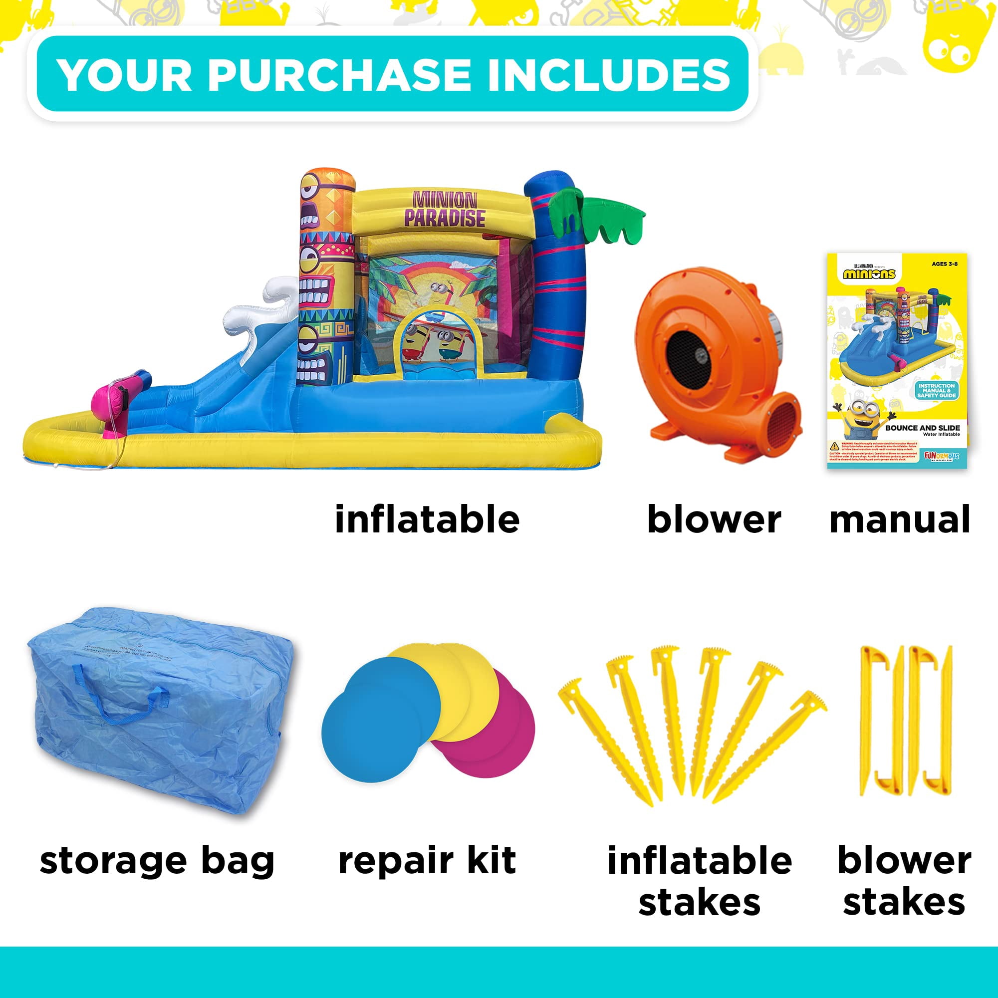 Funormous Minions Bounce House with Water Slide: Indoor and Outdoor Fun , Includes Air Blower with GFCI for Kids Ages 3-8