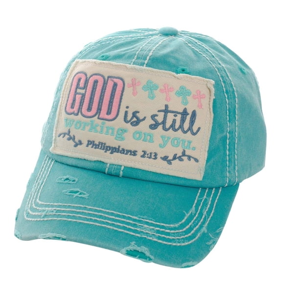 Womens Cross Baseball Cap Bible Christian God is Still Working on You Hat Blue