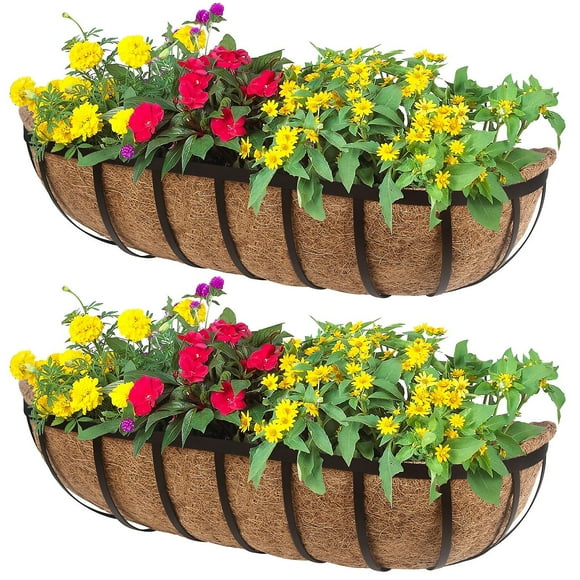 Horse Trough Planter Window Box - 2 Pack 24" Horse Trough Planter with Coco Fiber Liner - Deck Balcony Rail Planter for Porch Fence Patio Outdoor