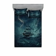 thumbnail image 2 of Ambesonne Landscape Fitted Sheet & Pillow Sham Set, Pirate Vintage Ship, Twinxl, Dark Cadet Blue White, 2 of 3