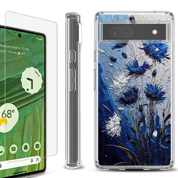 Shockproof Bumper Phone Case for Google Pixel 6a, with Tempered Glass Screen Protector, by OneToughShield ® - Cornflower