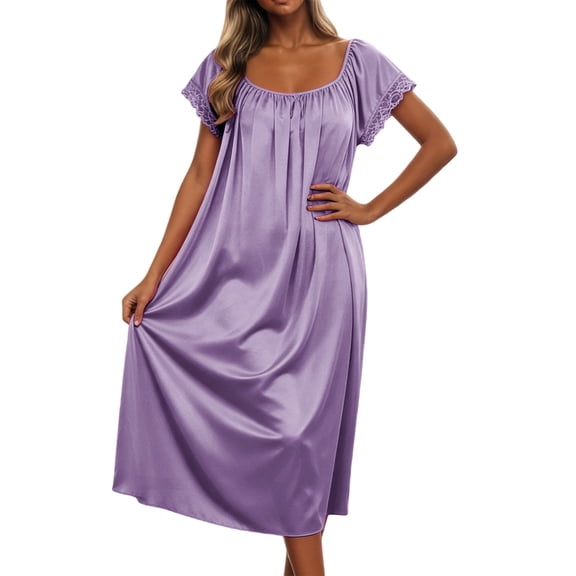 PMVFHDE Women's Solid Color Ice Silk Short Sleeve Knee-Length Loose Nightdress with Lace Womens Nightgown