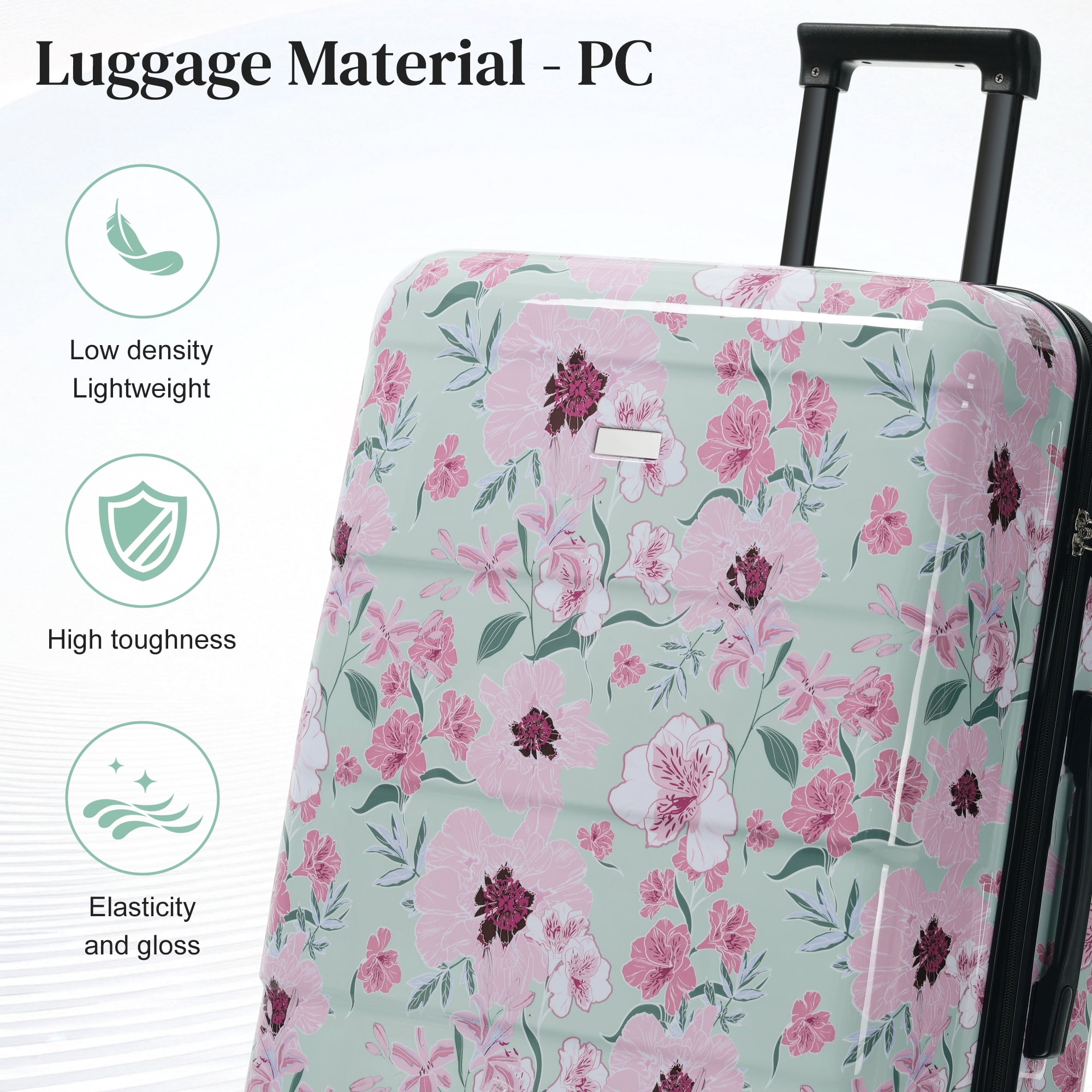 Euroco 5 Piece Luggage Sets with Spinner Wheels, Hardshell Lightweight Suitcase Set with TSA Locks and 2 Bags, Durable Checked Large Suitcase for Travel(8"/14"/20"/24"/28"),Green & Pink Flower