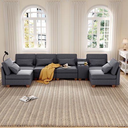 Jarenie 123" U-Shaped 6 Seats Modular Sectional Sofa with Storage Seats and Phone Holder and Console Table - 126 Dark Grey