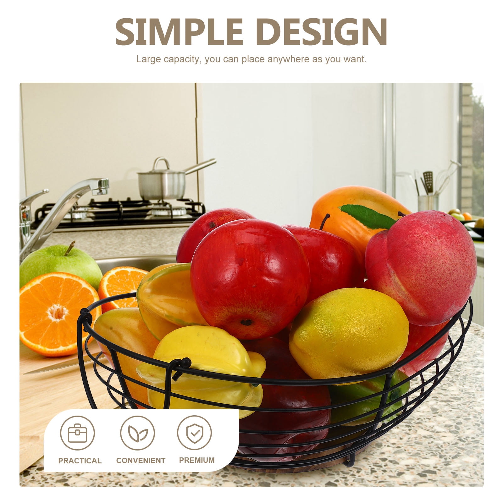 OUNONA Large Black Wire Fruit Basket with Iron Wire Design, Spacious Kitchen and Home Storage Organizer