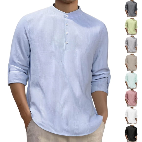 Visit the JURANMO Store Chemise à Manches Longues pour Hommes Grande Taille, Texturée, Boutonnée, Col Montant, T-Shirt Décontracté, Hauts Unis, Coupe Régulière, Henley, Vert, M