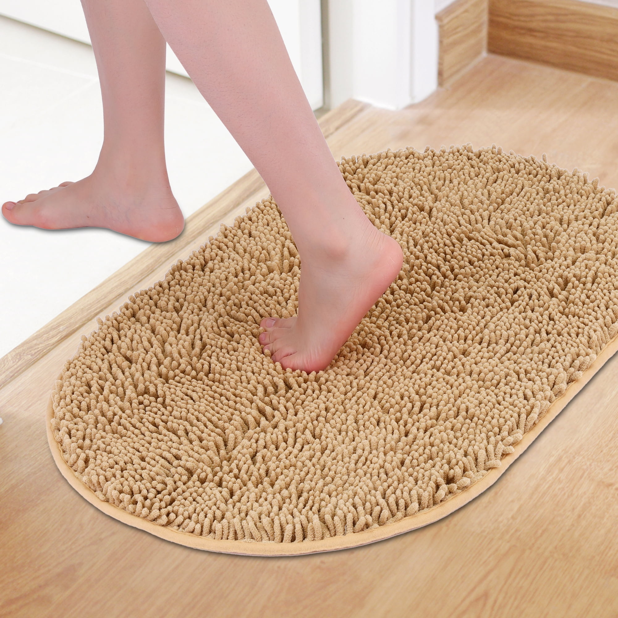 Unique Bargains 2 Pcs Oval Plush Mat Non Slip Washable Rug Khaki 16" x 24"