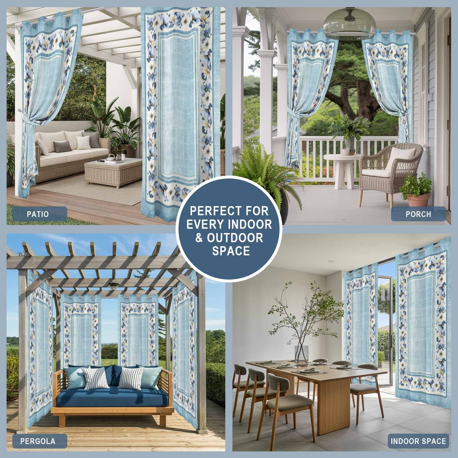 Teal Blue Spring Floral Outdoor Curtains for Patio, Vintage Summer Botanical Classic Sunshade Privacy Drapes Grommet Waterproof Outside Curtains for Porch/Cabana/Balcony 54"x 84", 1 Panel