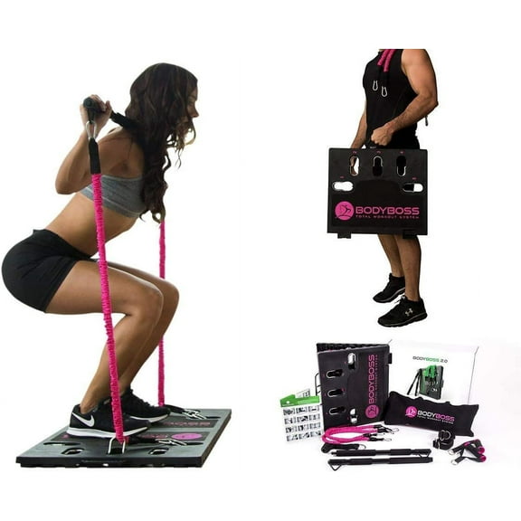 BodyBoss Home Gym 2.0 - Full Portable Gym Home Workout Package, Includes a Set of Resistance Bands (2) - Collapsible Resistance Bar, Handles   More- Full Body Workouts for Home, Travel or Outside