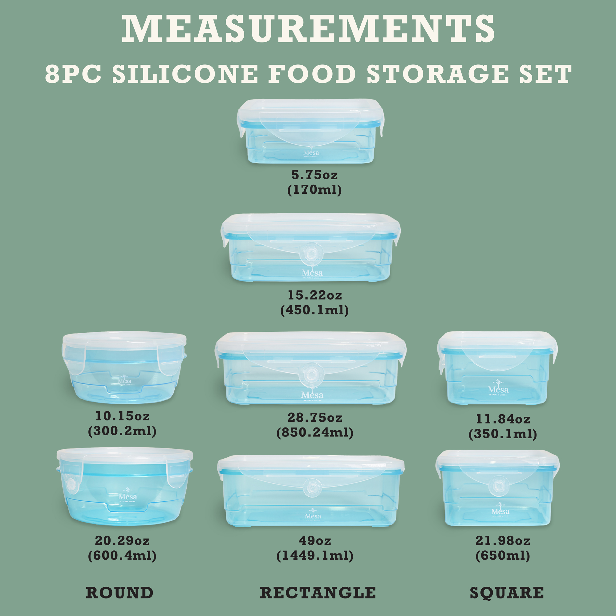 Mesa Living Plastic Food Storage Containers, Clear, Silicone Lids, Click Lock, 8 Piece Set