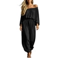 thumbnail image 4 of Gamivast Women's Off The Shoulder Jumpsuit Casual Summer Short Sleeve Romper High Waisted Elastic Long Pant Playsuit Flowy Boho Lounge Wear with Pockets for Beach Vacation Party Black S, 4 of 7