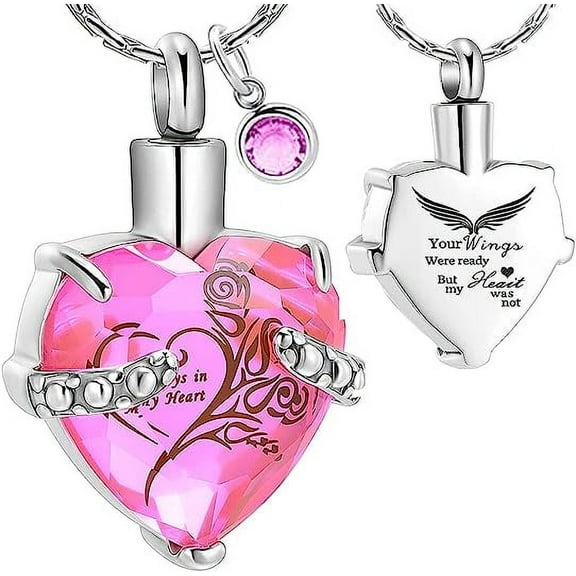Heart Cremation Jewelry Urn Necklace for Ashes Crystal Memorial Pendant with Birthstone Always in My Heart Keepsake Engraved Your Wings were Ready But My Heart was Not