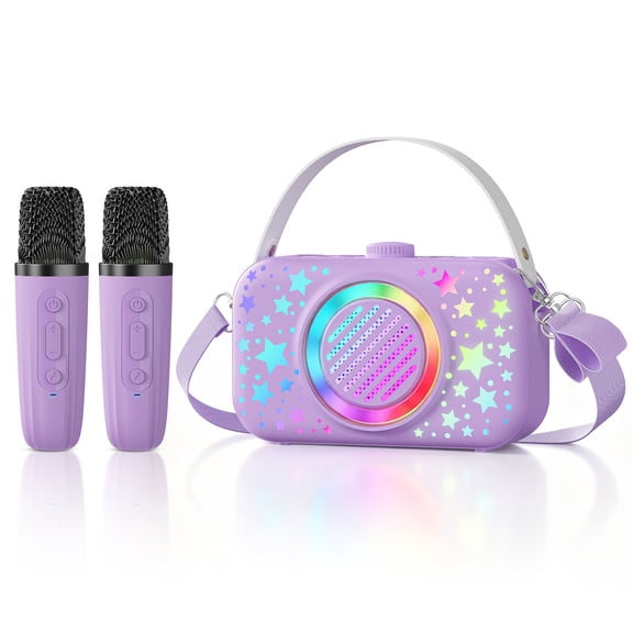 XAXRE T05 Mini Karaoke Machine for Kids Adults, Portable Bluetooth Speaker with 2 Wireless Microphones, RGB Light, Voice Changer, Recording, TF Card/AUX, Crossbody Bag for Outdoor Party Travel Gift