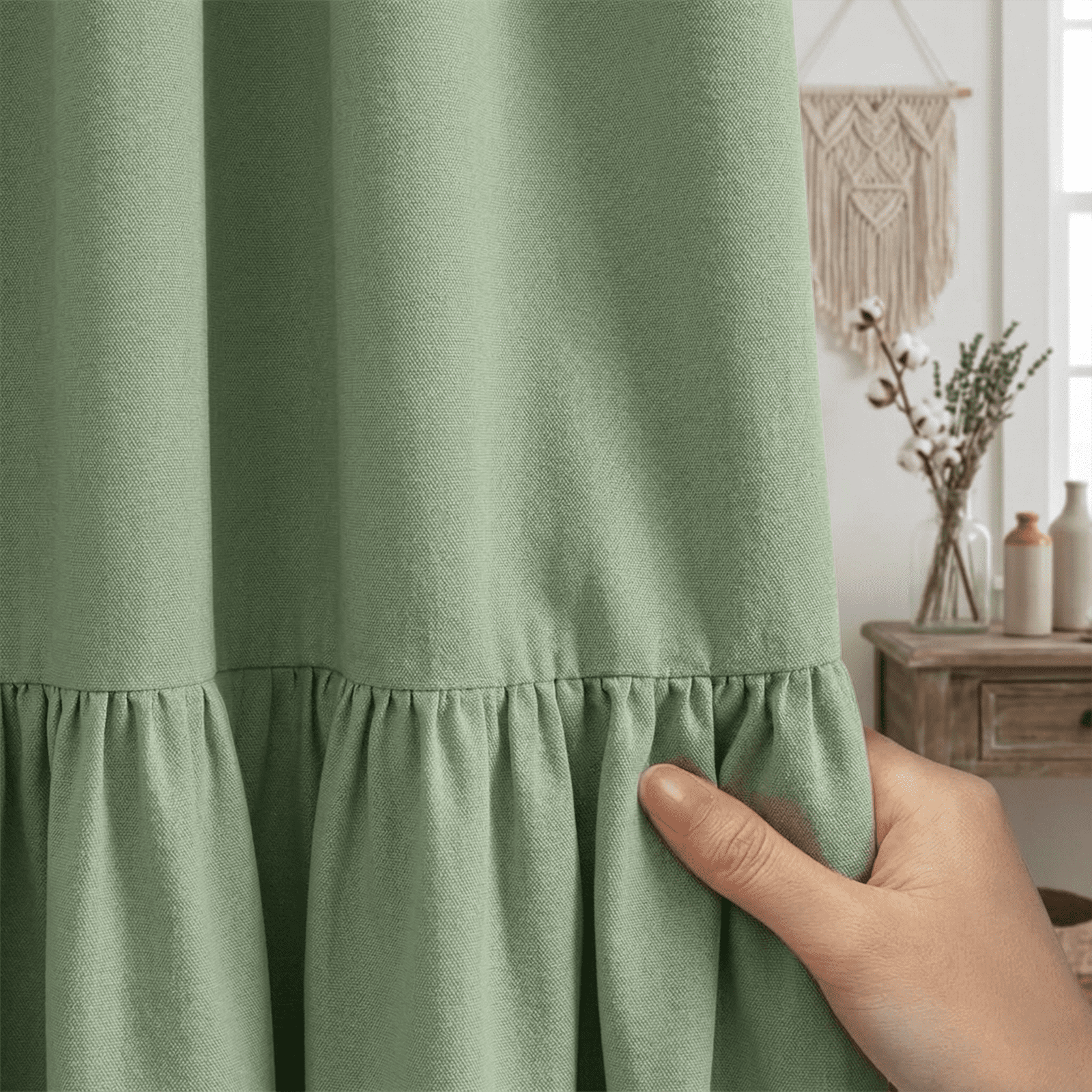 NixiYa Farmhouse Shower Curtain Ruffle Linen Shower Curtain for Bathroom 72"x72" Green