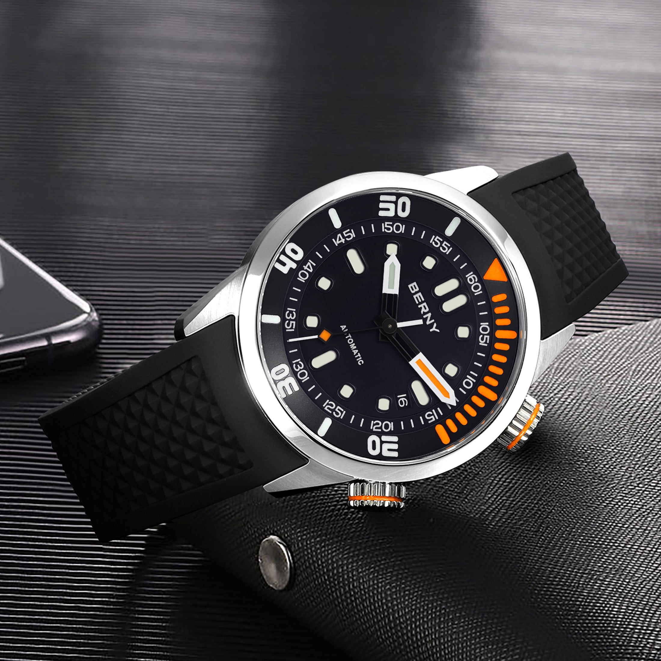 BERNY Automatic Dive Watches for Men, Sport 20ATM Waterproof Analog Mechanical Watch with Date, Super Luminous, Silicone Strap, Stainless Steel, Sapphire Crystal, Men's Pro Diver Watch (Black)