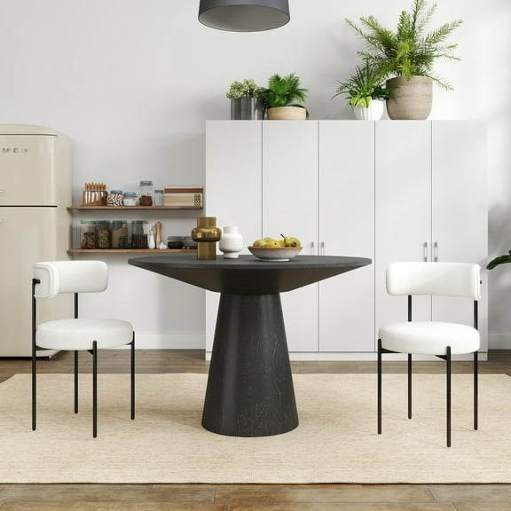 Roundhill Furniture Corff 3-Piece Round Dining Set, Pedestal Dining Table with 2 Boucle Chairs, White