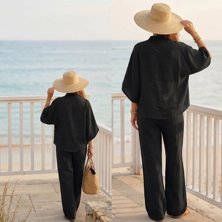 Linen Sets for Women Linen Cotton Two Piece Set - Casual Shirt and