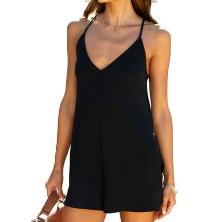 

CHAMAIR Women Casual Rompers Fashion V-Neck Ladies Jumpsuit New Style for Beach Vacation