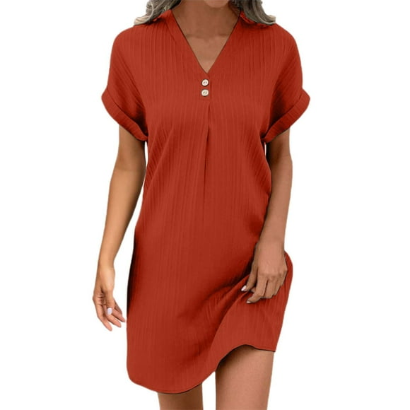 TSADFHJI Jean Skirts for Women Mini Women's Solid V Neck Pullover Dress Casual Comfort with Button Detail Xl Red