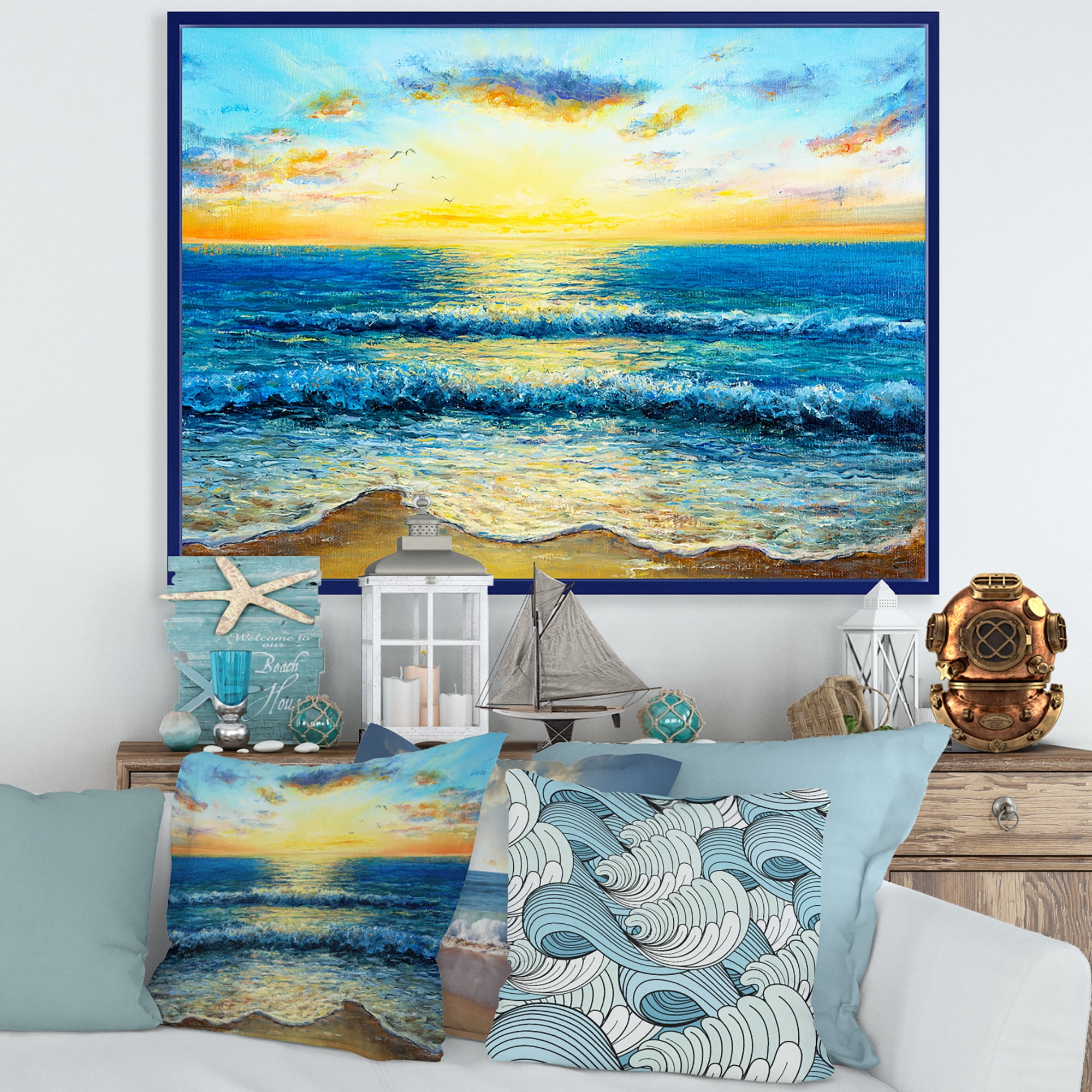 Designart 'Sunrise Glow On The Ocean Waves I' Nautical & Coastal Framed Canvas Wall Art Print