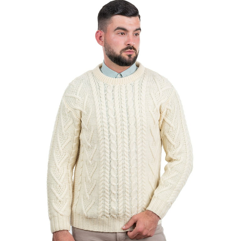 SAOL 100% Merino Wool Men's Aran Traditional Fisherman Cable Knit Sweater  Irish Crew Neck Pullover Made in Ireland 