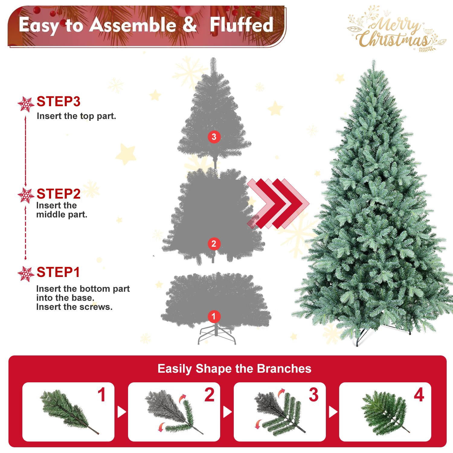 8FT Blue-Green Tint PE/PVC Christmas Tree – 2458 Tips, Hinged Branch Design, Full Natural Look, Stable Metal Stand, Easy to Assemble Holiday Decoration