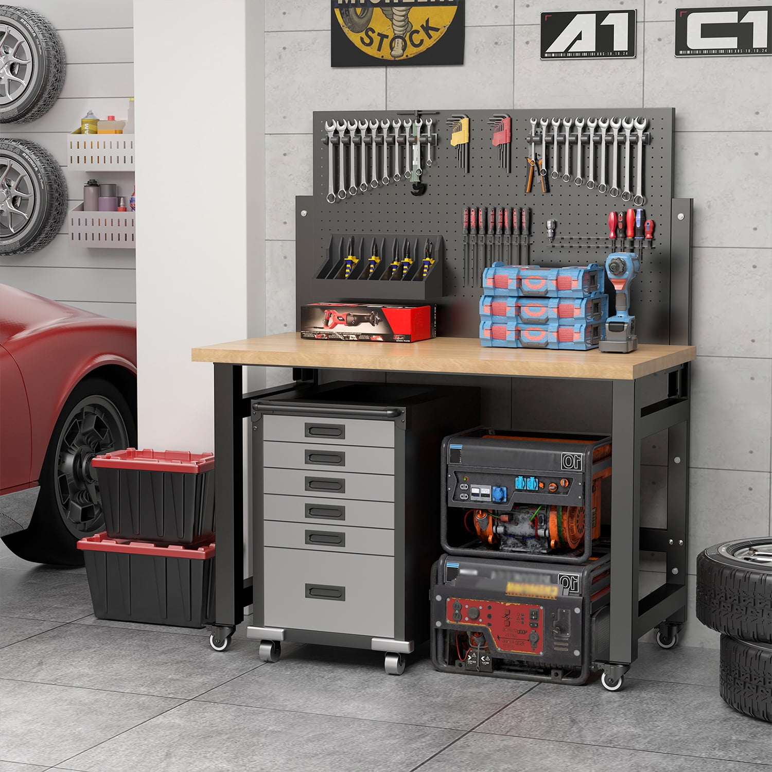 Mobile Work Bench with Pegboard, Heavy Duty Folding Work Table with Wheels, Space Saving Wood Top Tool Storage Rolling Desk for Garage, Workshop, Home Studio 59"H x 47.2"W x 23.6"D