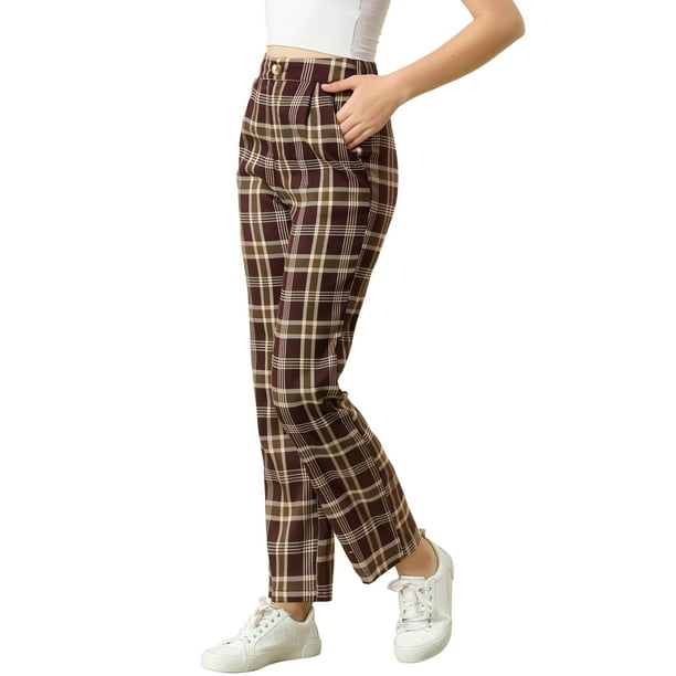 Pantalones a cuadros casuales para mujer, bolsillos, pierna recta, trabajo, oficina, pantalones Rojo marrón XL
