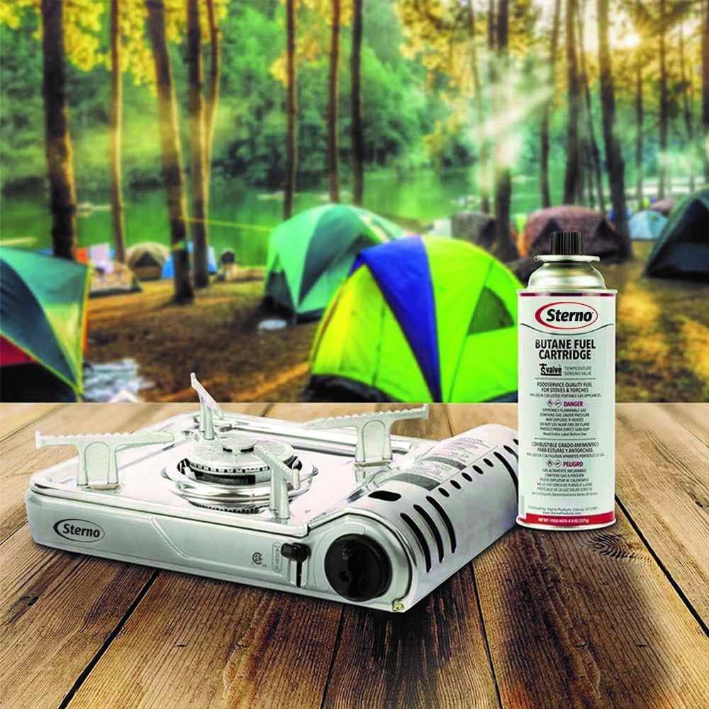 Sterno Portable Camping Stove - Single Burner Butane Camp Stove, Stainless Steel Burner with Travel Case - 7000 BTU