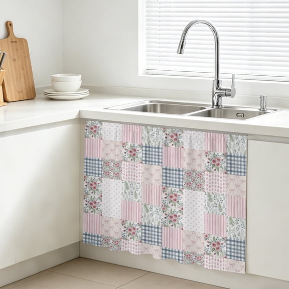 Patchwork Cabinet Curtains for Kitchen 10"W x 11"L, Rustic Pink Rose Bouquets Bow Ties Gingham Stripes Under Sink Skirt Magic Tape Short Curtain Decorative Privacy Panel for Bathroom Laundry