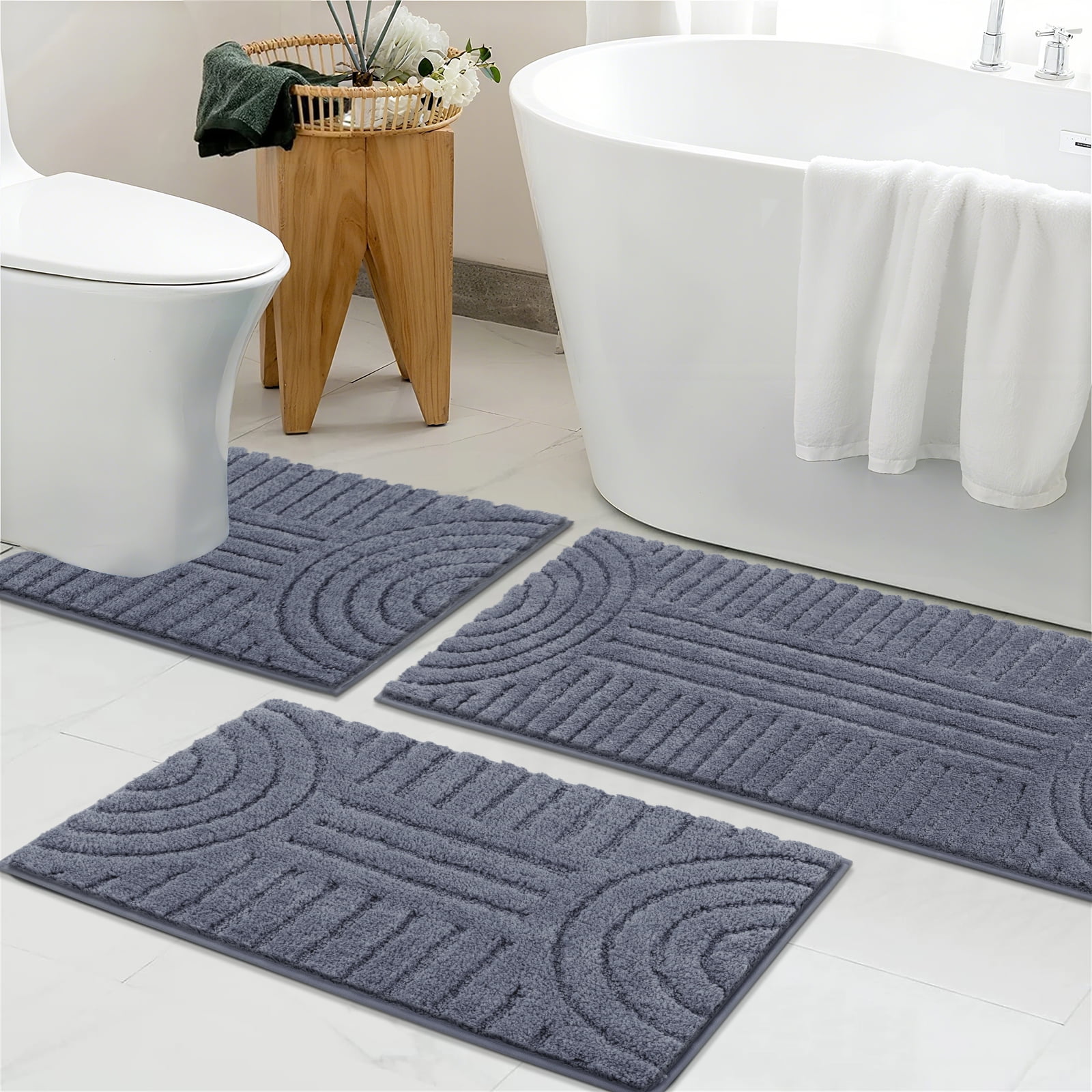 Bathroom Rugs Sets 3 Piece, Soft Absorbent Microfiber Bath Mats and U-Shaped Contour Toilet Rug, Plush Shaggy Bath Mat Set for Bathroom