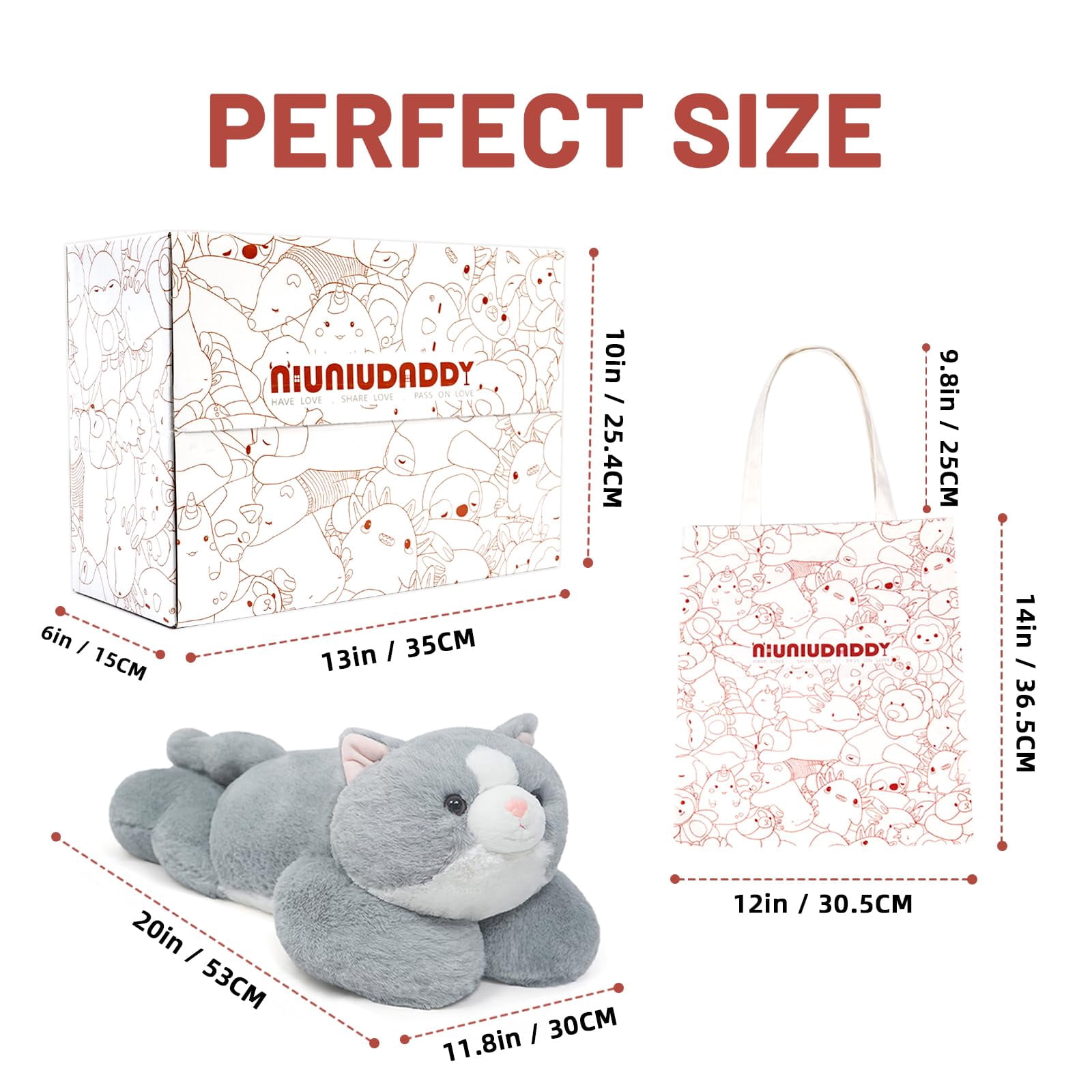 Niuniu Daddy Weighted Cat stuffed animal,20" Giant Anxiety Grey Stuffed Cat Plush Toy,3.3-Pound Sensory Large Cat plushie Pillow Birthday Christmas Gift for Girls,Boys&Adults, Include Bag Sticker Car