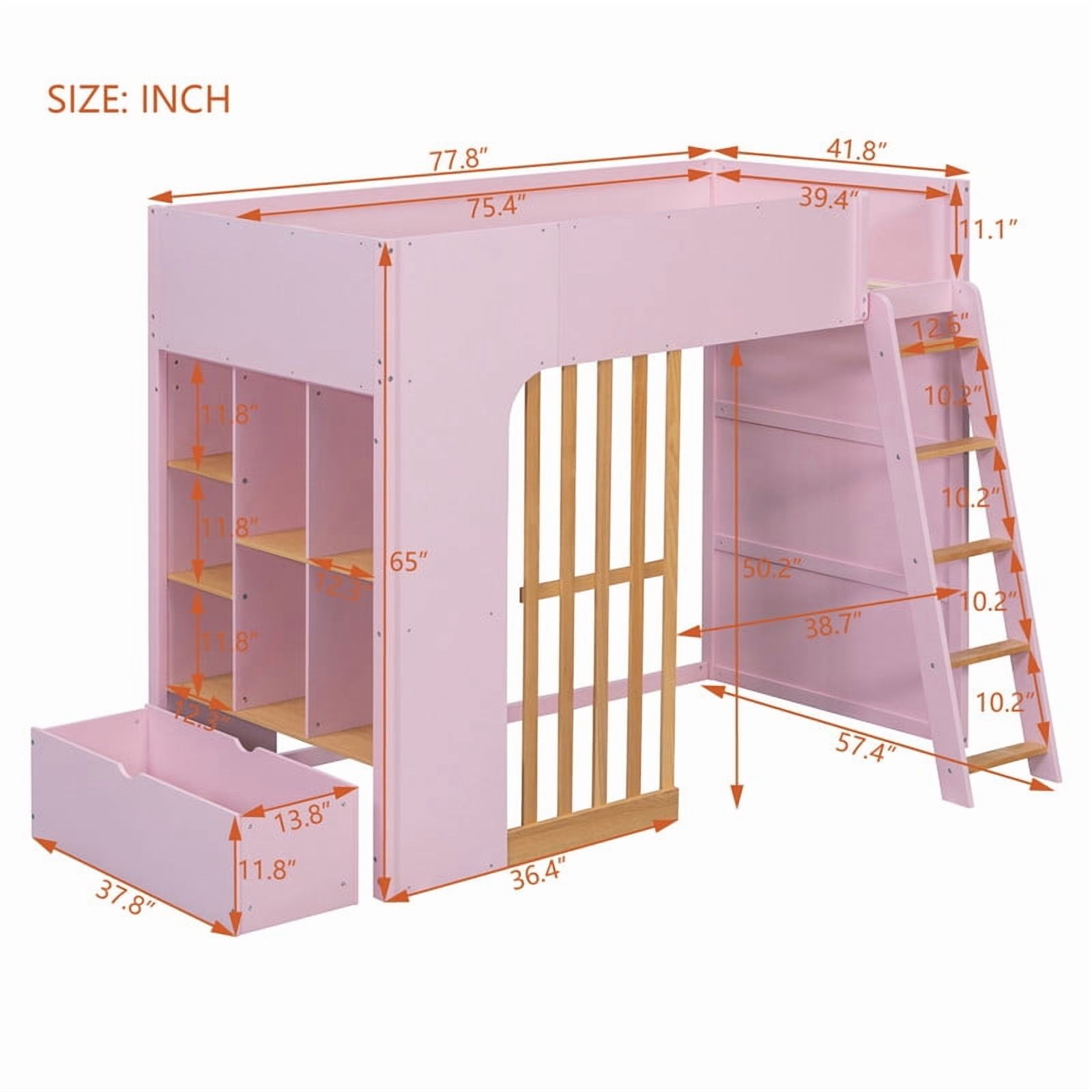 Twin Size Kids Loft Bed with Shelves, Wooden High Profile Teens Storage Bed Frame with Ladder and Removable Large Drawer