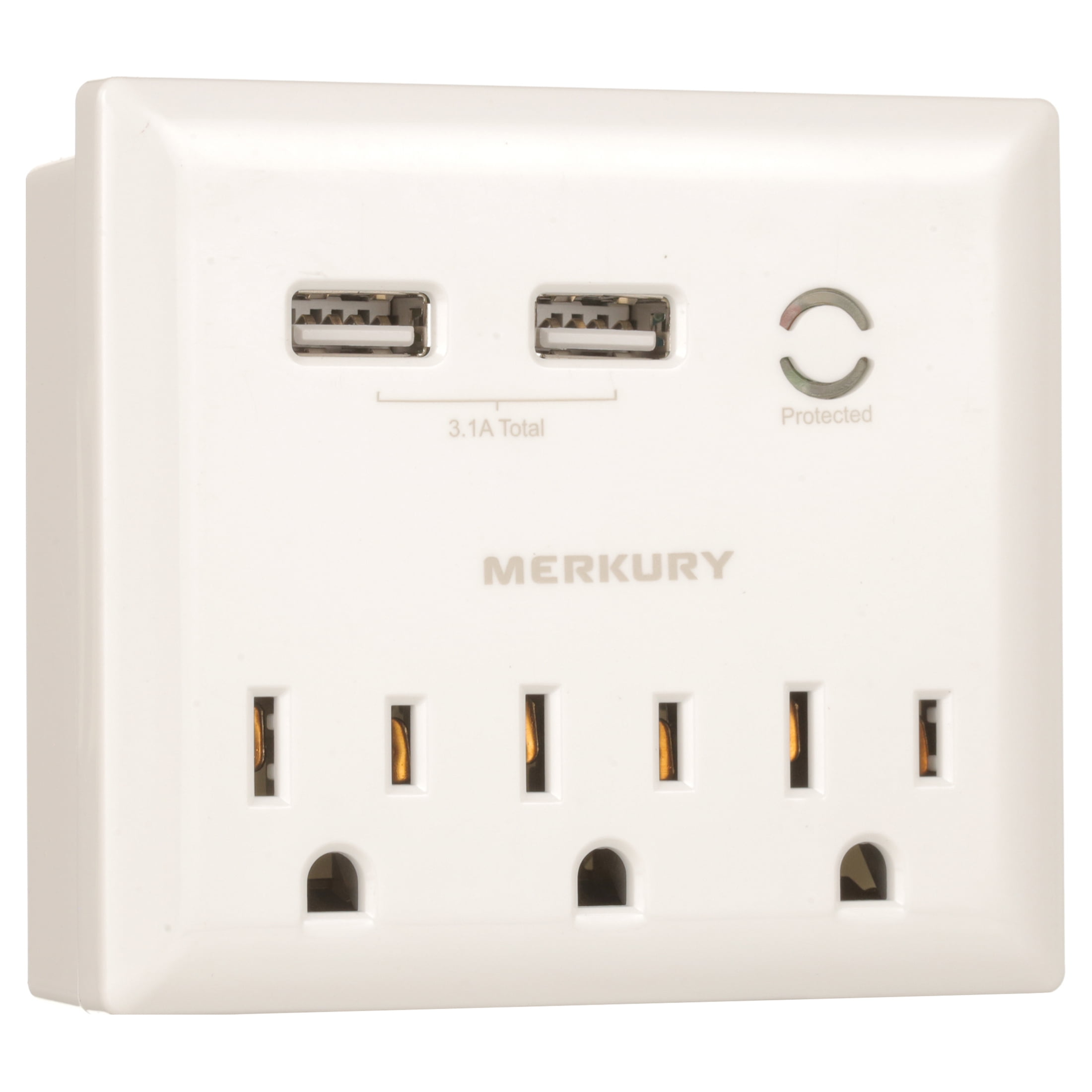 Merkury Innovations 3.1 Amp USB Wall Charger 3-Outlet Extender with 2 USB Charging Ports and Phone Stand, White