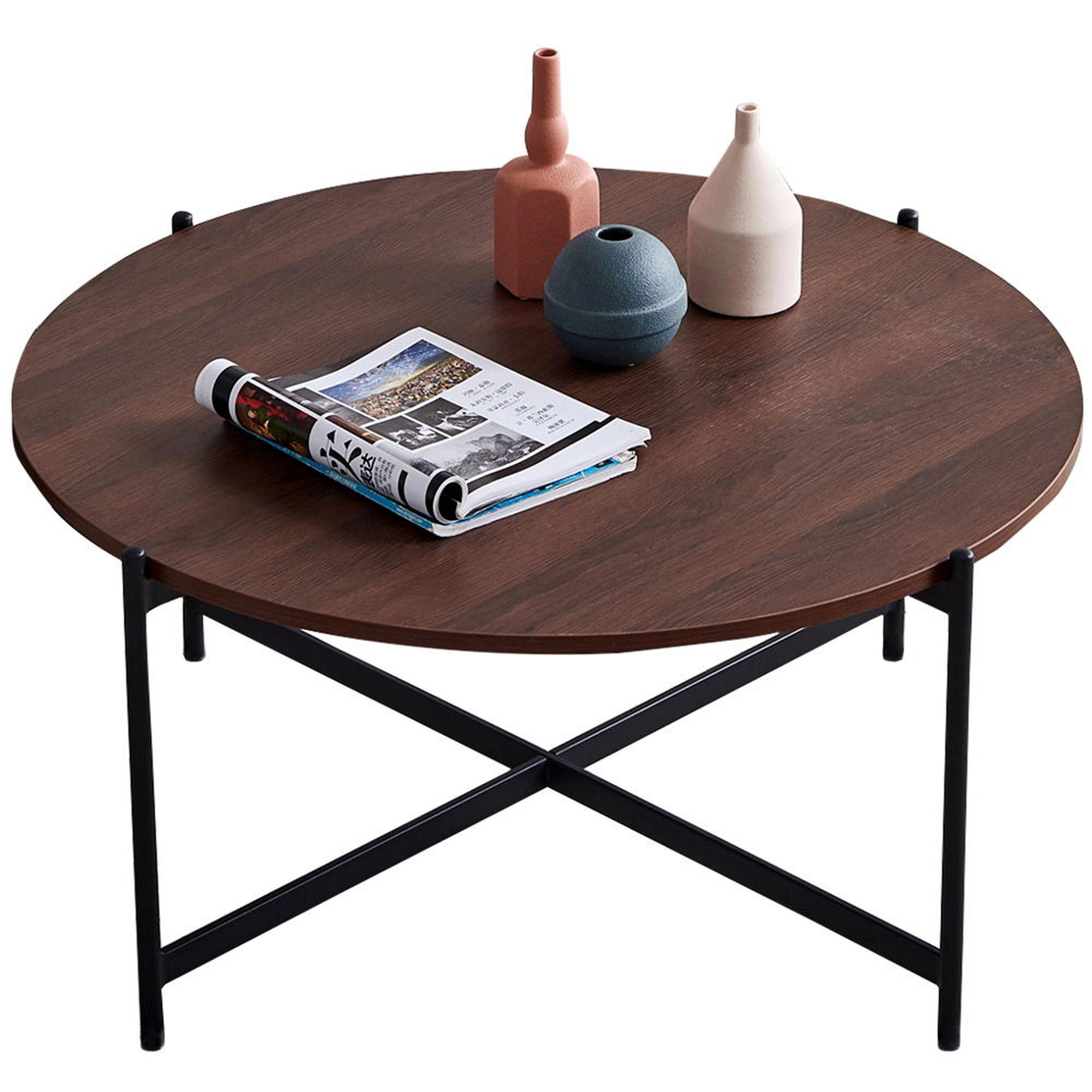 Modern Round Tea Table for Living Room, Circle Side Coffee Table, Waterproof Outdoor and Indoor End Tables, Nesting Black Metal Frame with Brown Color Wood Top for Living Room Office, 36x36x18 - image 2 of 7