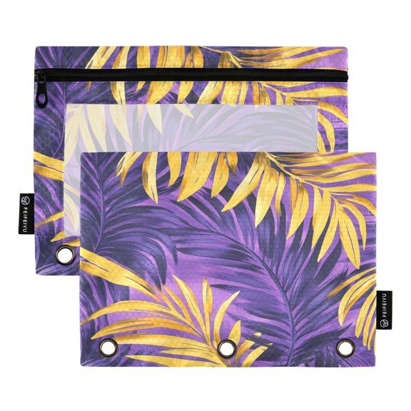 2 Pack 3 Ring Binder Pouch with Clear PVC Window Water Resistant Zipper Pencil Pouch Colorful Palm Leaves Binder Pocket for Classroom Office Home Stationery Organization
