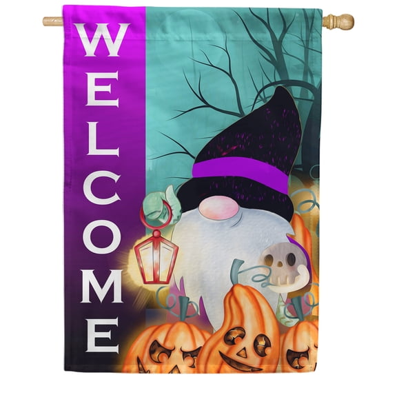 America Forever Gnome Halloween Welcome House Flag 28 x 40 inch Spooky Gnome Jack O Lantern Pumpkin Double Sided Seasonal Yard Outdoor Halloween Decorations