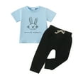 thumbnail image 1 of MIASHUI Baby Boy Easter Outfit Clothes Easter Short Sleeve Rabbit Letter Prints Tops Pants,Light Blue,12-18 Months, 1 of 6
