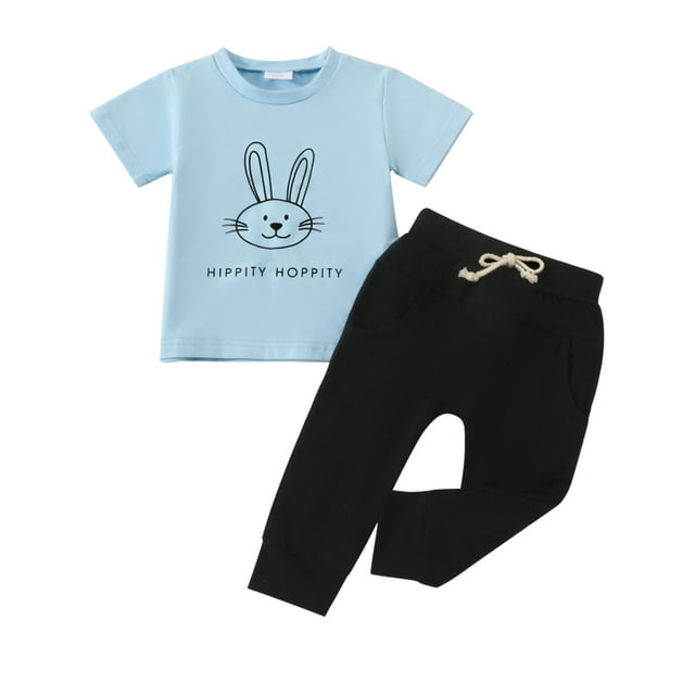 MIASHUI Baby Boy Easter Outfit Clothes Easter Short Sleeve Rabbit Letter Prints Tops Pants,Light Blue,12-18 Months