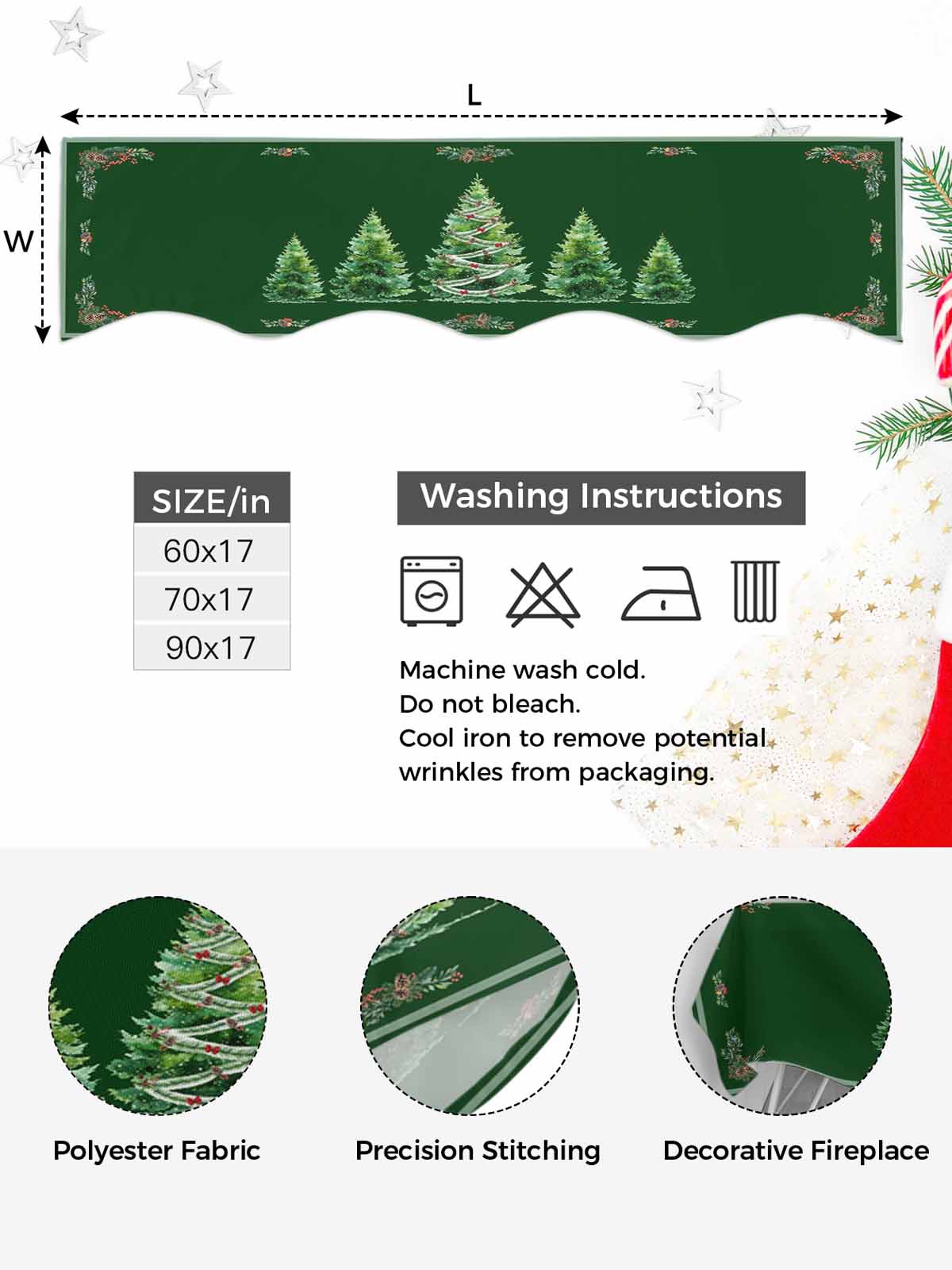 Green Christmas Tree Fireplace Mantle Scarf, Snowflake Xmas Botanical Berry Mantel Cover Table Runner for Home Living Room Door Window, Indoor Outdoor Holiday Party Decor 17" x 60"