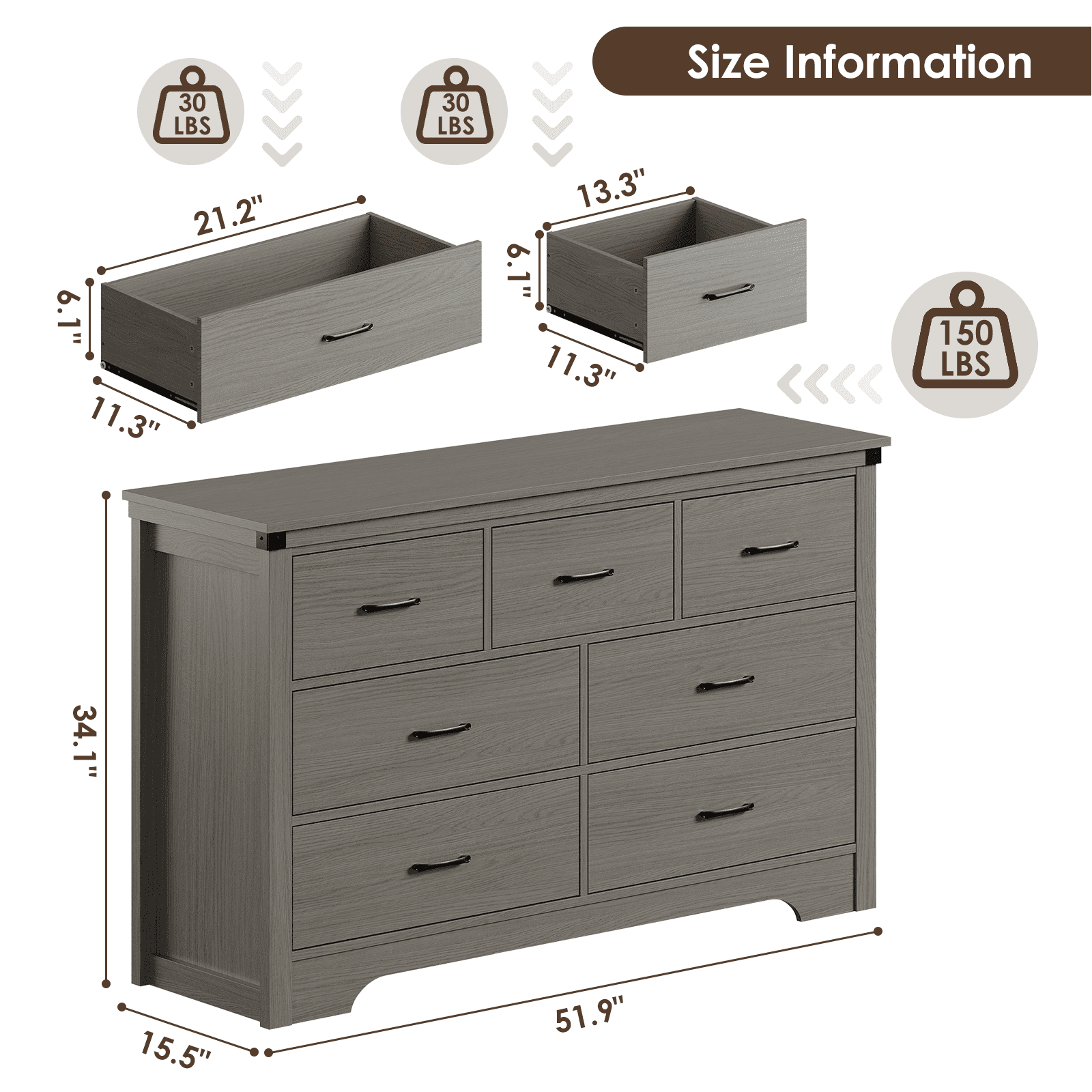 Farmhouse 7 Drawer Dresser for Bedroom, 51" Wide Chest of Drawers, Wooden Dresser TV Stand, Storage Dressers Organizer for Bedroom, Living Room, Hallway, Gray