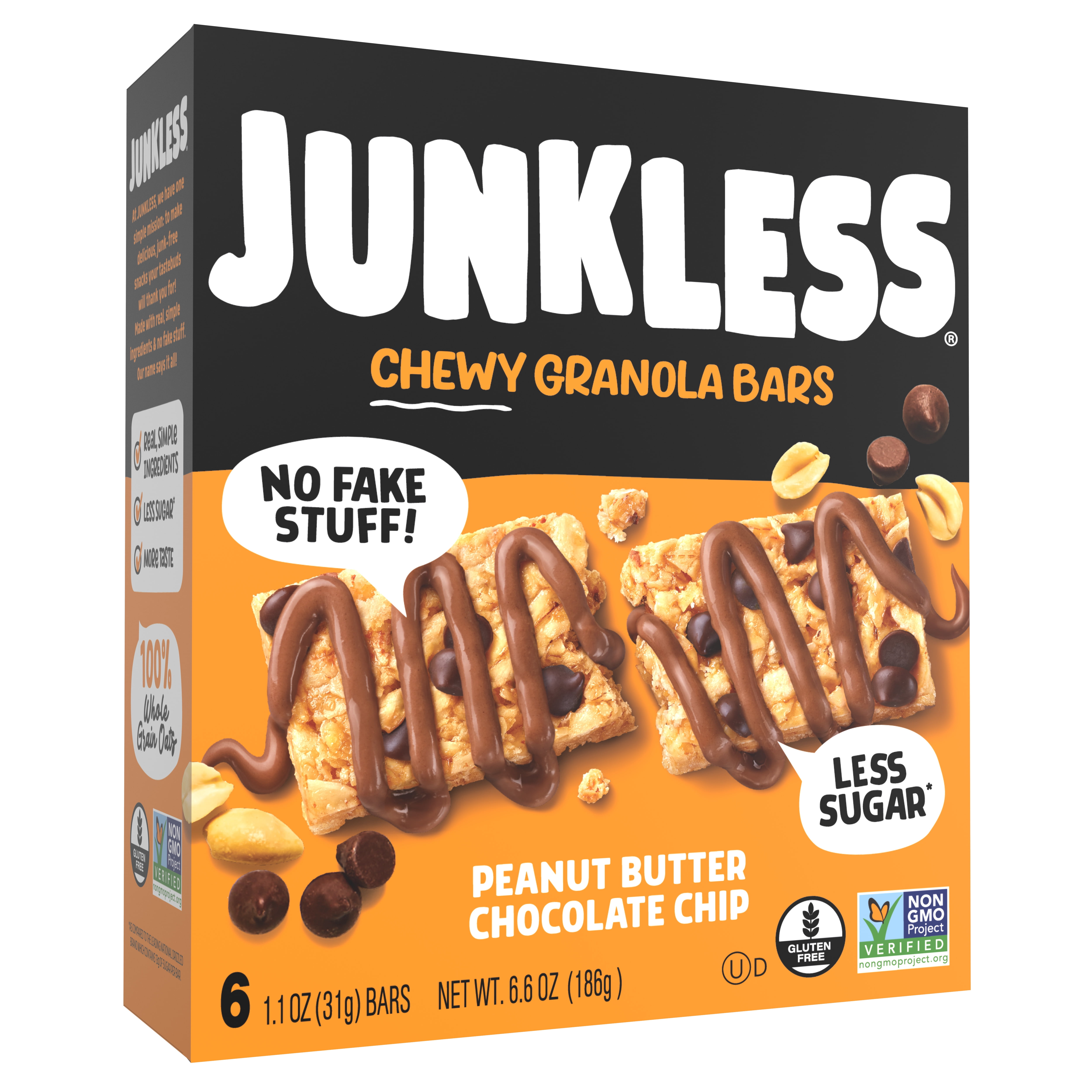 (8 pack) JUNKLESS Chewy Granola Bars, Peanut Butter Chocolate Chip, Less Sugar, Gluten Free, Non-GMO, 1.1 oz, 6 Count