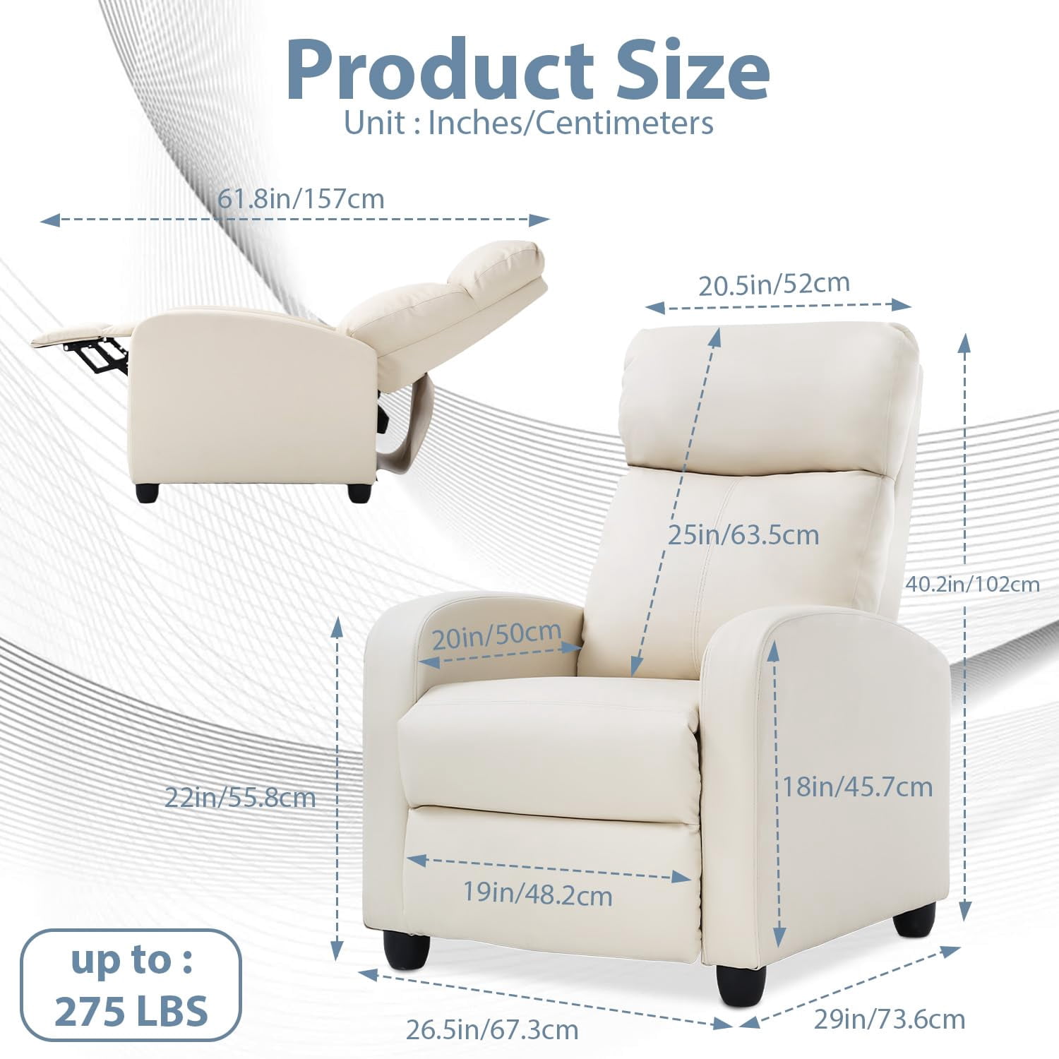 YRLLENSDAN Leather Recliner Chairs for Adults, Manual Push Back Recliner Chair, Massage Recliner Chair for Living Room, Single Sofa Chair Reclinable, Relaxing Home Theater Seating, Beige