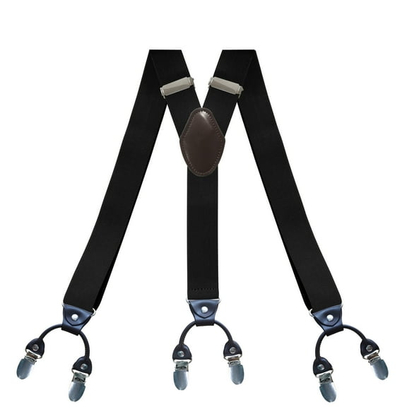 YXRIJDJ Black Men Suspender 1.4 Inches Wide Button End Leather 6 Metal Clips Y Shape Adjustable Braces