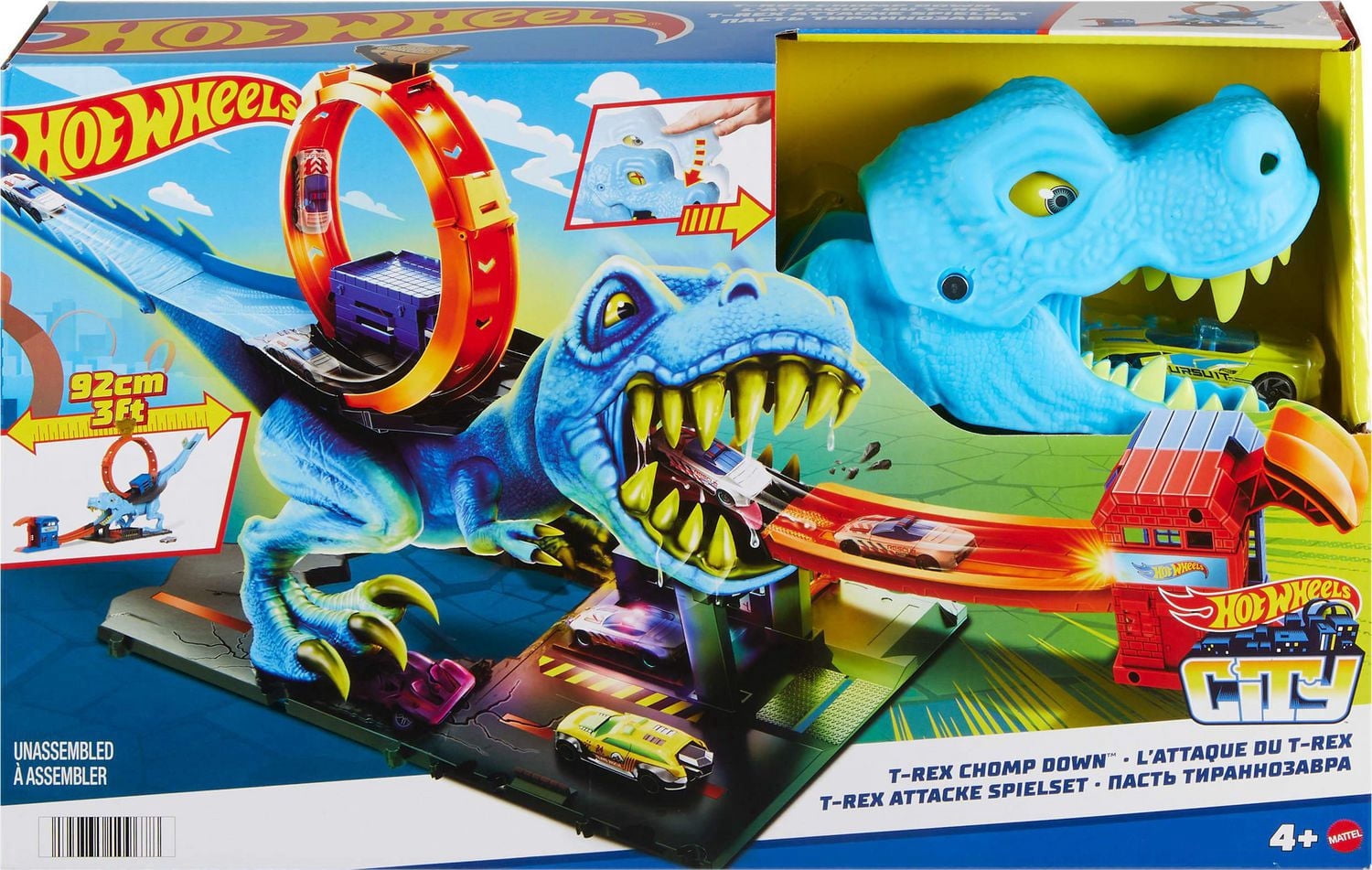 Hot Wheels City T-Rex Dinosaur Chomp-Down Track Set with a Huge Loop & 1:64 Scale Toy Car for Age 3 - 5