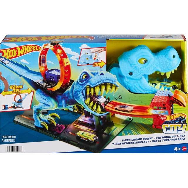 Hot Wheels City T-Rex Dinosaur Chomp-Down Track Set with a Huge Loop & 1:64 Scale Toy Car for Age 3 - 5