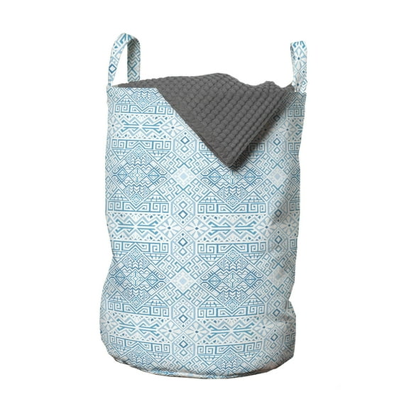 Aztec Laundry Bag, Monochrome Style Bohemian Design of Squares Streaks Triangles, Hamper Basket with Handles Drawstring Closure for Laundromats, 13" x 19", Sea Blue Pale Sky Blue, by Ambesonne
