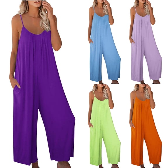 Iaqnaocc Jumpsuits For Women Plus Size Boho Summer Sleeveless Jumpsuits Rompers Casual Spaghetti Strap Overalls Jumpsuits Fashion Overalls Light Purple XL